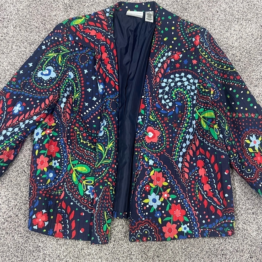 Alfred Dunner Cotten Blend Blue Total Print Open Front Collared Jacket Size 16 P